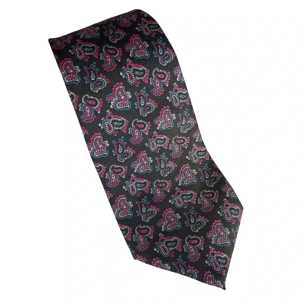 Oscar de la Renta Couture Mens Paisley Silk Tie Black Pink Blue Geometric Design